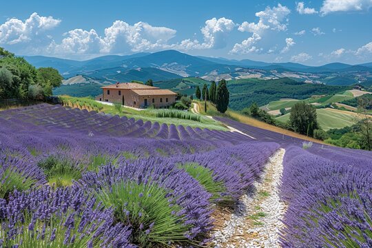 Vibrant lavender fields in Tuscany stretch towards a charming farmhouse, surrounded by rolling hills and fluffy clouds, creating a picturesque landscape on a sunny day - Powered by Adobe