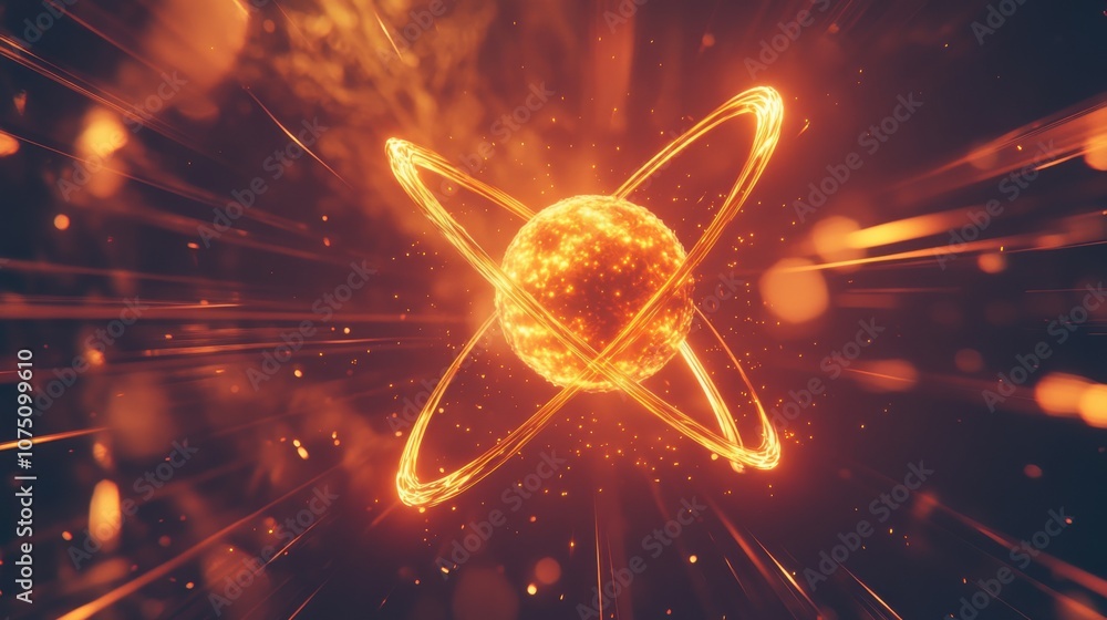 Poster a dramatic representation of an electron moving rapidly around a nucleus in a vibrant cosmic environ