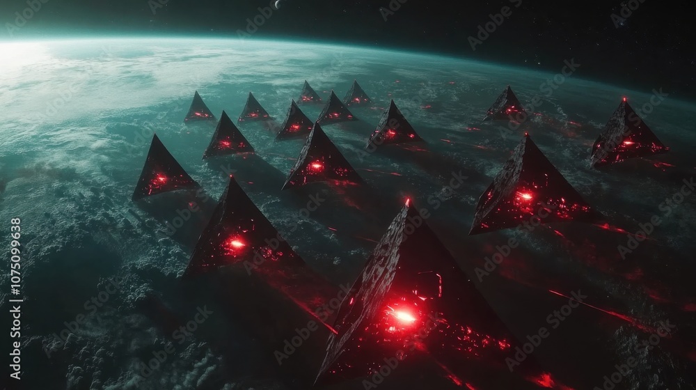 Poster Dramatic aerial view of a futuristic fleet of pyramidal ships hovering above a distant planet in the vastness of space