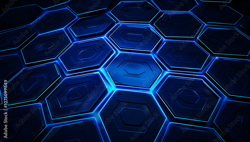 Poster blue background with a hexagonal pattern, representing technology
