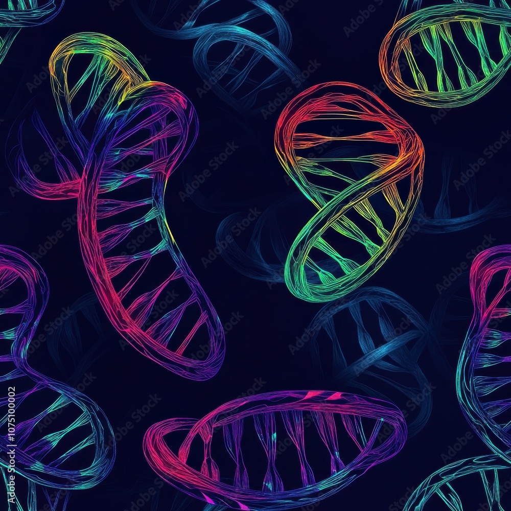 Poster A colorful and intricate pattern of double-helix DNA strands against a dark background showcasing genetic diversity and biological complexity