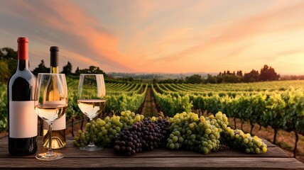Elegant wine glasses and grapes at sunset in a vineyard.