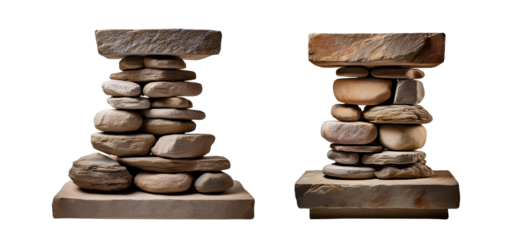 Two stone pillars stacked with natural rocks against a white isolated background.