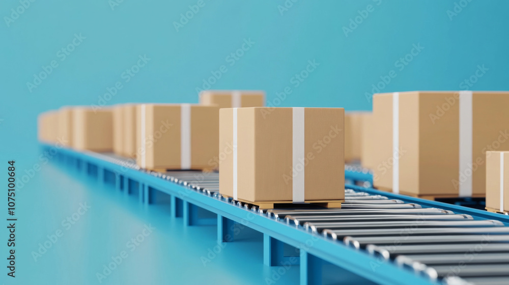 Poster streamlined shipping hub with automated package conveyors in 3d