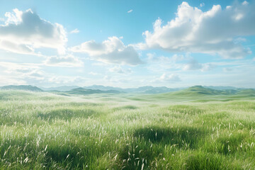 Fototapeta premium 3D Green Grass Field Landscape, Clouds, Blue Sky Background