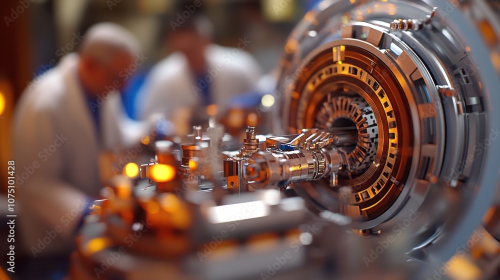 Poster close-up of a detailed particle collider model with scientists working in a laboratory setting durin