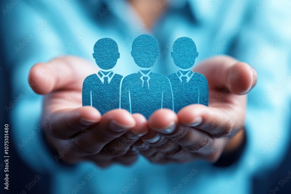 Poster hands holding symbolic icons representing teamwork and collaboration in a digital age, emphasizing u