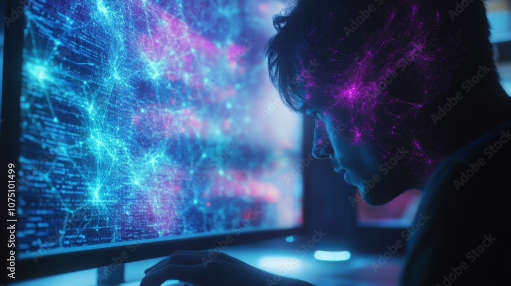 Poster a person engages with a computer screen illuminating intricate patterns in a dark room, highlighting