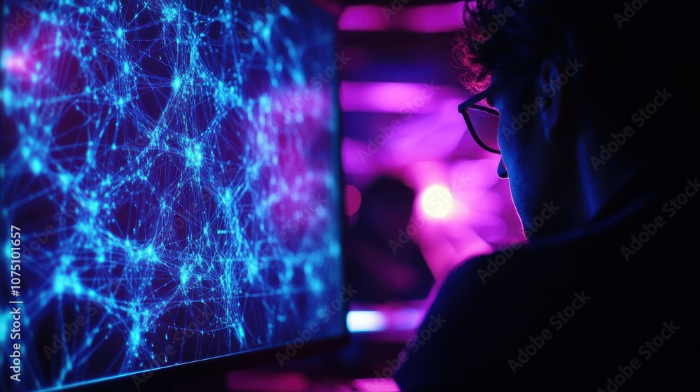 Poster close-up of a computer screen displaying a network visualization at night with a person working inte