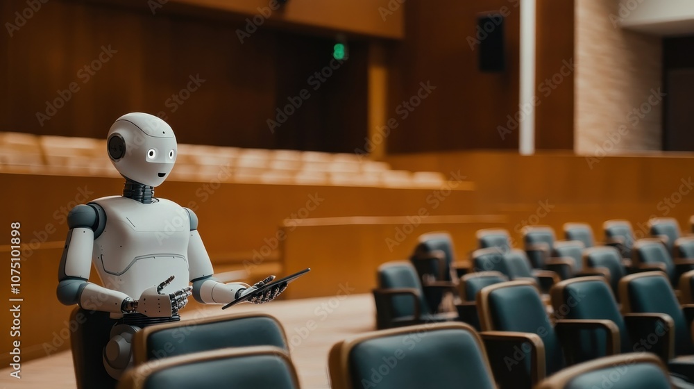 Poster A robotic lecturer engages with an audience in an auditorium setting, showcasing advanced technology in education
