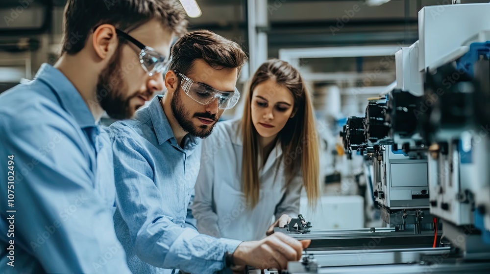 Poster three engineers examining and working with a large industrial machine