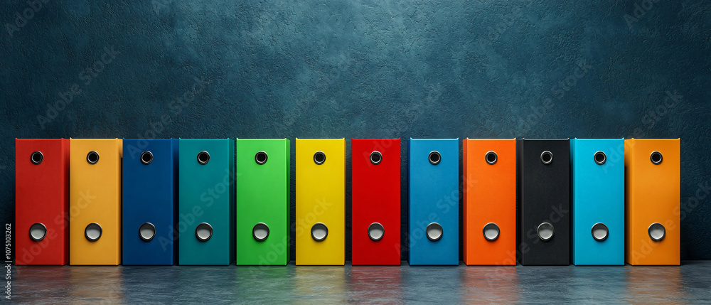 Poster colorful filing boxes arranged in row against textured background