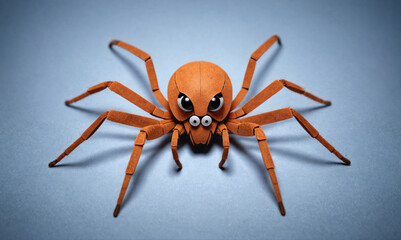 Fototapeta premium A brown origami spider with large eyes sits on a light blue surface