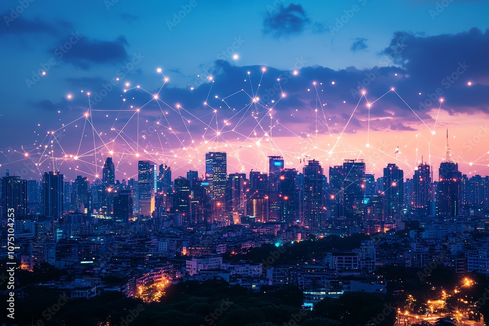 Poster A cityscape with a network of connections above it, representing global communication and digital connection.