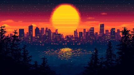 A vibrant sunset over a colorful pixel art city skyline with silhouetted trees in the foreground. Retrowave and synthwave atmosphere