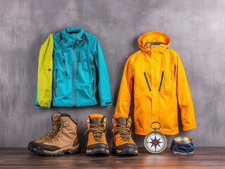 Travel locker with allweather gear, hiking boots, raincoat, and travel compass, adventureready