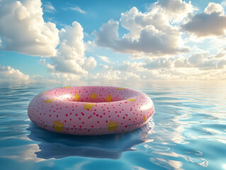 Obraz premium 3D Illustration - Pink Inflatable Ring with Stars Floating on Calm Ocean under Cloudy Sky