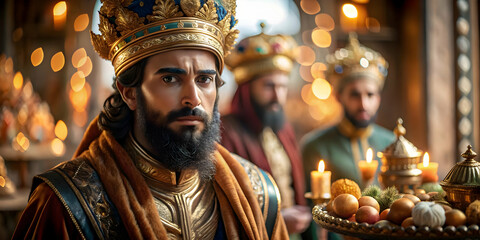 Reyes Magos Traditional Marketplace Glossy Background Vibrant Scene Cultural Elements Text Space Perfect for Advertisements Magazine Covers Photo Stock Concept