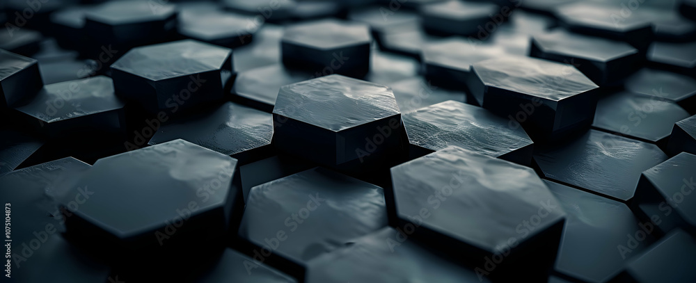 Poster 3d render of a black hexagon pattern background. abstract wallpaper with a dark geometric