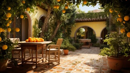 Fototapeta premium A photo of a Mediterranean courtyard garden with tile