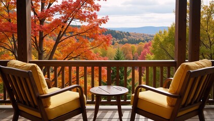 Obraz premium Wooden deck with yellow-cushioned chairs offers an autumnal tree view