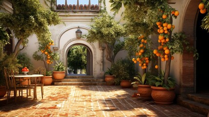 Fototapeta premium A photo of a Mediterranean courtyard garden with tile