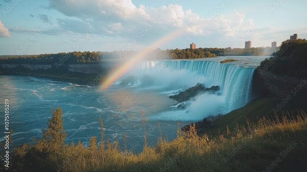 Poster a stunning view of the niagara falls with a vibrant rainbow visible in the mist during a sunny after