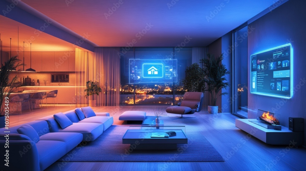 Aufkleber The stylish living room showcases customizable ambient lighting and touch panels, creating a serene atmosphere with a city backdrop. Generative AI