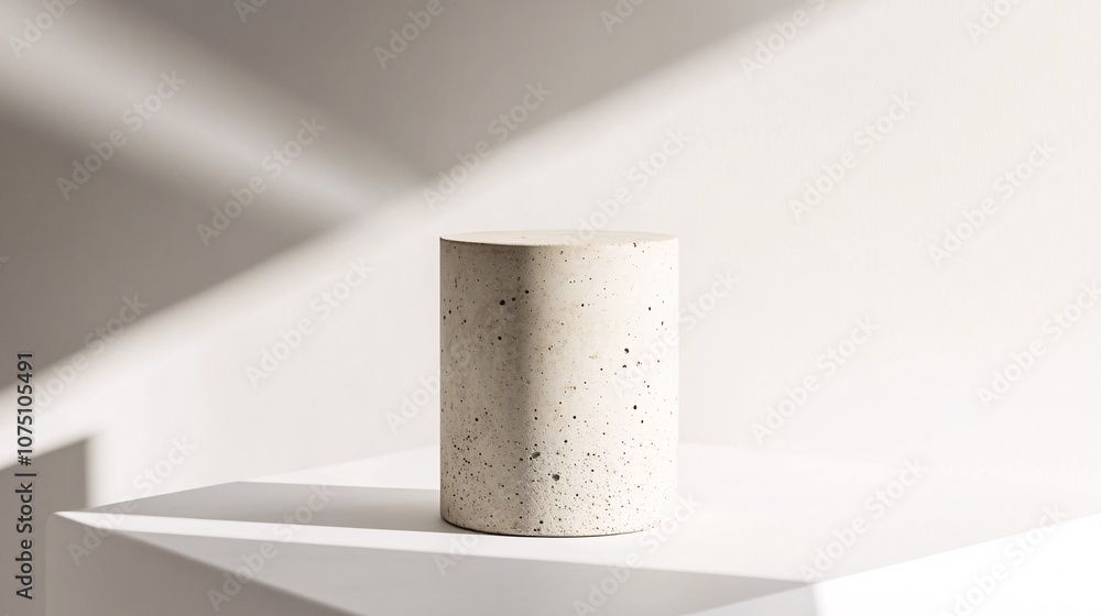 Poster minimalist white cylinder platform in sunlit studio. empty space for product presentation, simple de