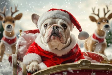 A cute bulldog dressed in a Santa outfit sits in a festive sleigh surrounded by reindeer figures...