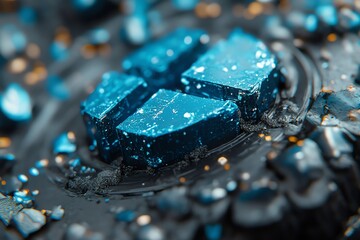 A close-up macro shot of a blue, fragmented, 3D, geometric shape. The background is a blurred image of the same shape in gold.