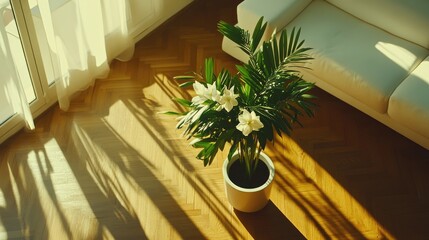 Obraz premium Bright Indoor Plant with White Flowers in a Modern Living Room Setting, Showcasing Natural Light and Shadows on Wooden Floor