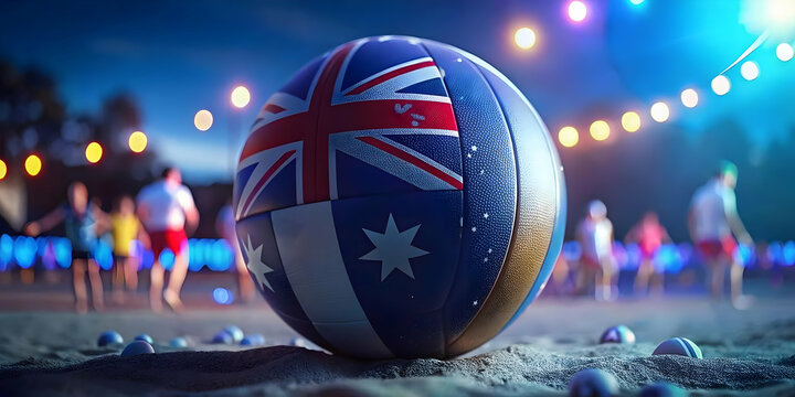 Candid Friends Beach Volleyball Australia Day Concept, Friends Playing Beach Volleyball, Australian Flags, Joyful Expressions, Teamwork, Festive Fun, Sandy Beach Scene, Ample Copy Space for Stock Phot