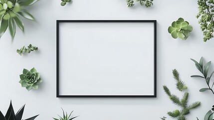 A minimalist frame surrounded by various succulent plants on a light background.
