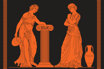 Two ancient Greek women stand near a column of a pedestal, hold a jug of wine and water in their hand and have a conversation. Two female figures and meander ornament on a black background