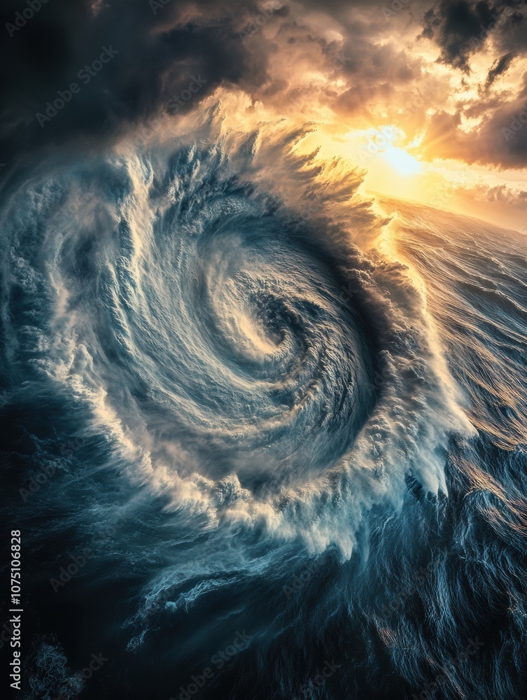 Aufkleber A large hurricane develops over the ocean, with swirling clouds and turbulent waters illuminated by the setting sun. Generative AI