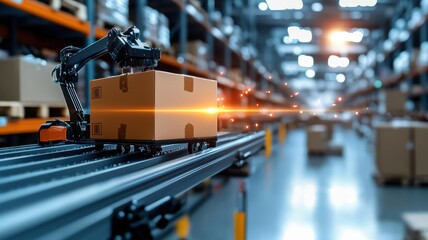 Naklejka premium Automated stock management in supply warehouse, seamless organization, bright lighting, supply automation
