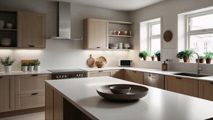 The kitchen features wooden cabinets and a countertop with a decorative bowl. Light fills the space through windows, highlighting potted plants on shelves, creating a serene atmosphere