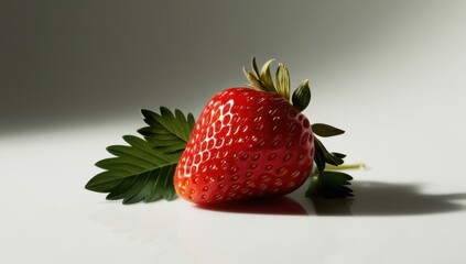 A single ripe strawberry with green leaves, isolated on a white background with soft lighting