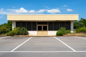 Empty parking lot in front of closed building with greenery