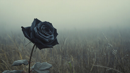 Single black rose in a misty field