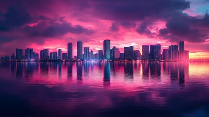 Fototapeta premium Vibrant city skyline at sunset, reflecting colorful hues on still water. Vaporware, synthwave atmosphere