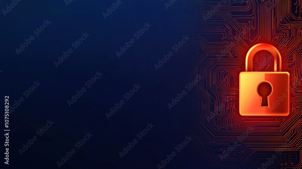 Poster digital illustration of abstract futuristic background featuring glowing padlock symbolizing securit