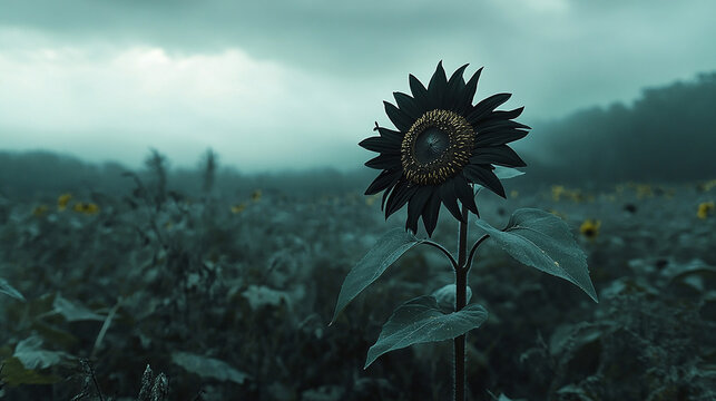 Single black sunflower in a moody field