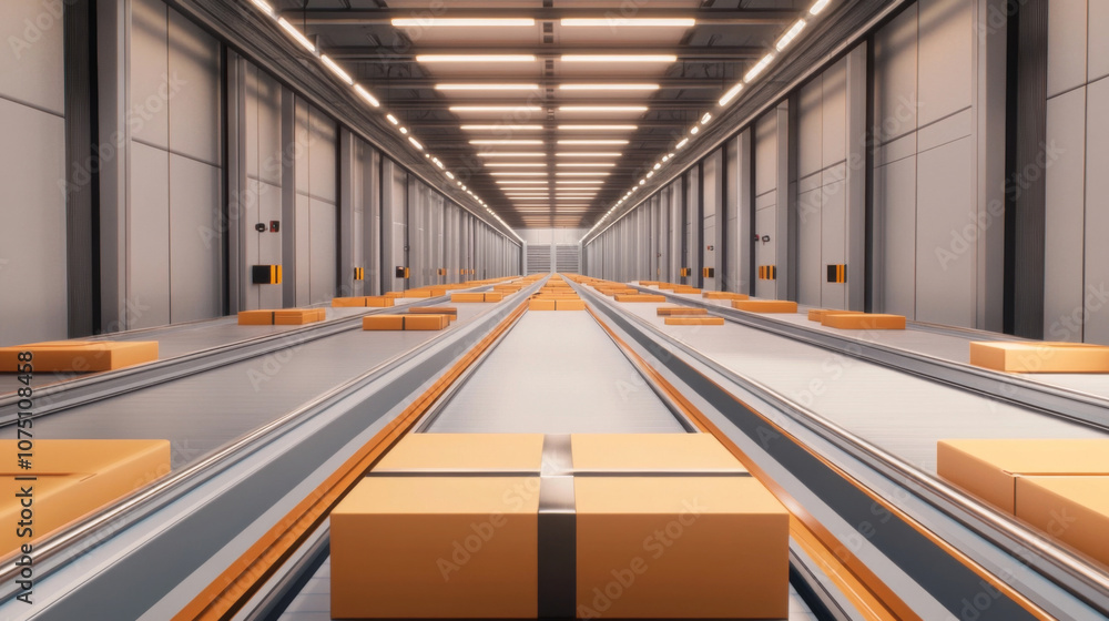 Poster futuristic multi-tiered distribution center with automated conveyors transporting packages