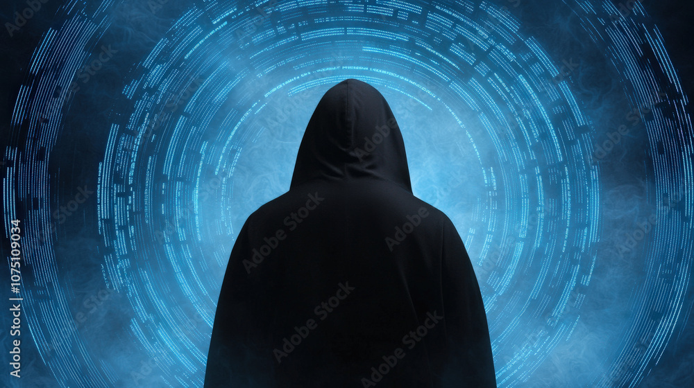 Poster hooded figure stands in center of abstract digital matrix, surrounded by glowing data streams. atmos