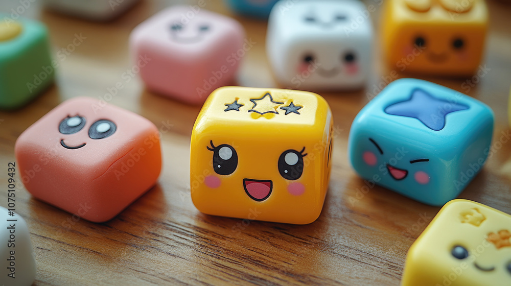 Poster a variety of colorful building blocks featuring cheerful faces are scattered on a wooden surface, cr