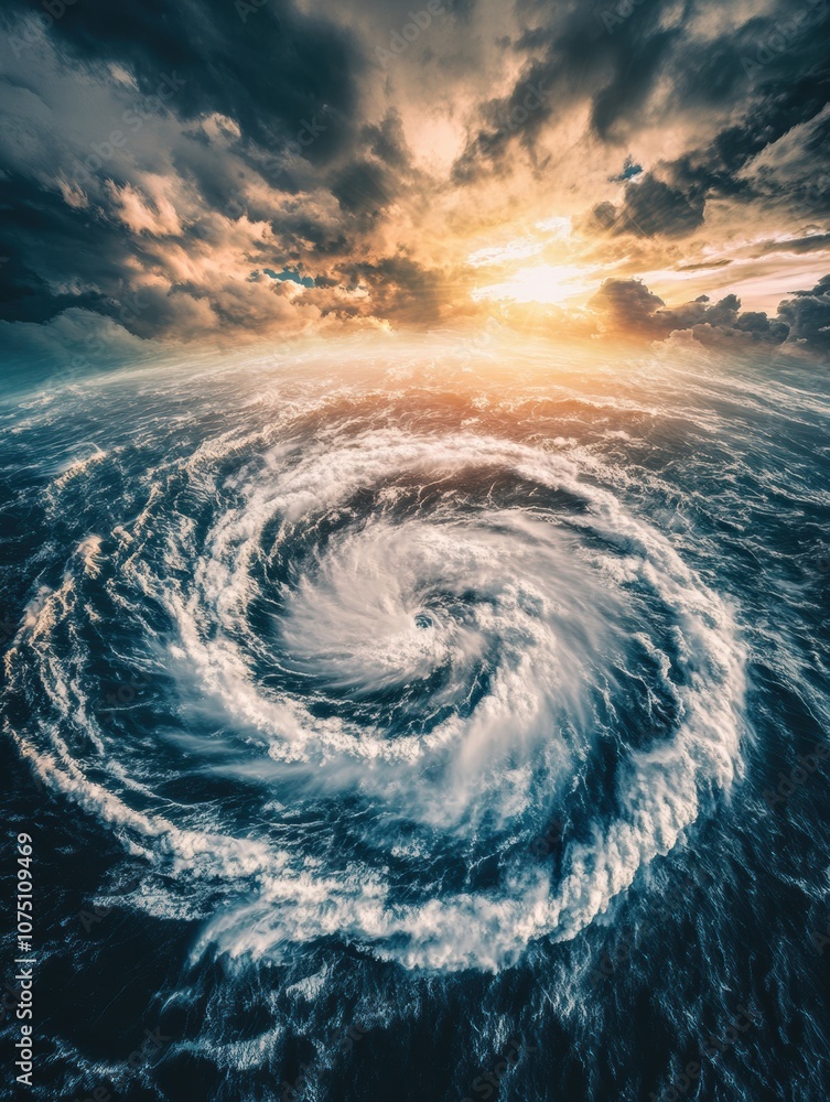 Poster A powerful hurricane forms in the open ocean, showcasing swirling clouds and high winds as the sun sets on the horizon. Generative AI