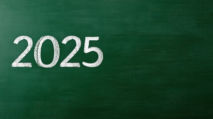 Obraz premium 2025 written with white chalk on green chalkboard background, symbolizing future plans and aspirations. vibrant green enhances clarity of numbers