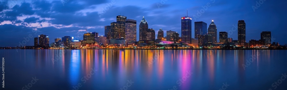 Poster breathtaking view of detroit skyline illuminated at dusk with vibrant reflections in the river